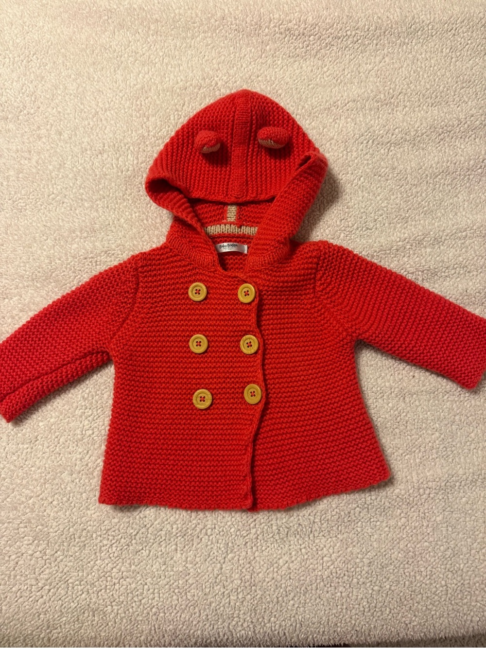 Mini Boden Red Knit Bear Ear Hooded Sweater Jacket Cardigan Size 0-3M Baby